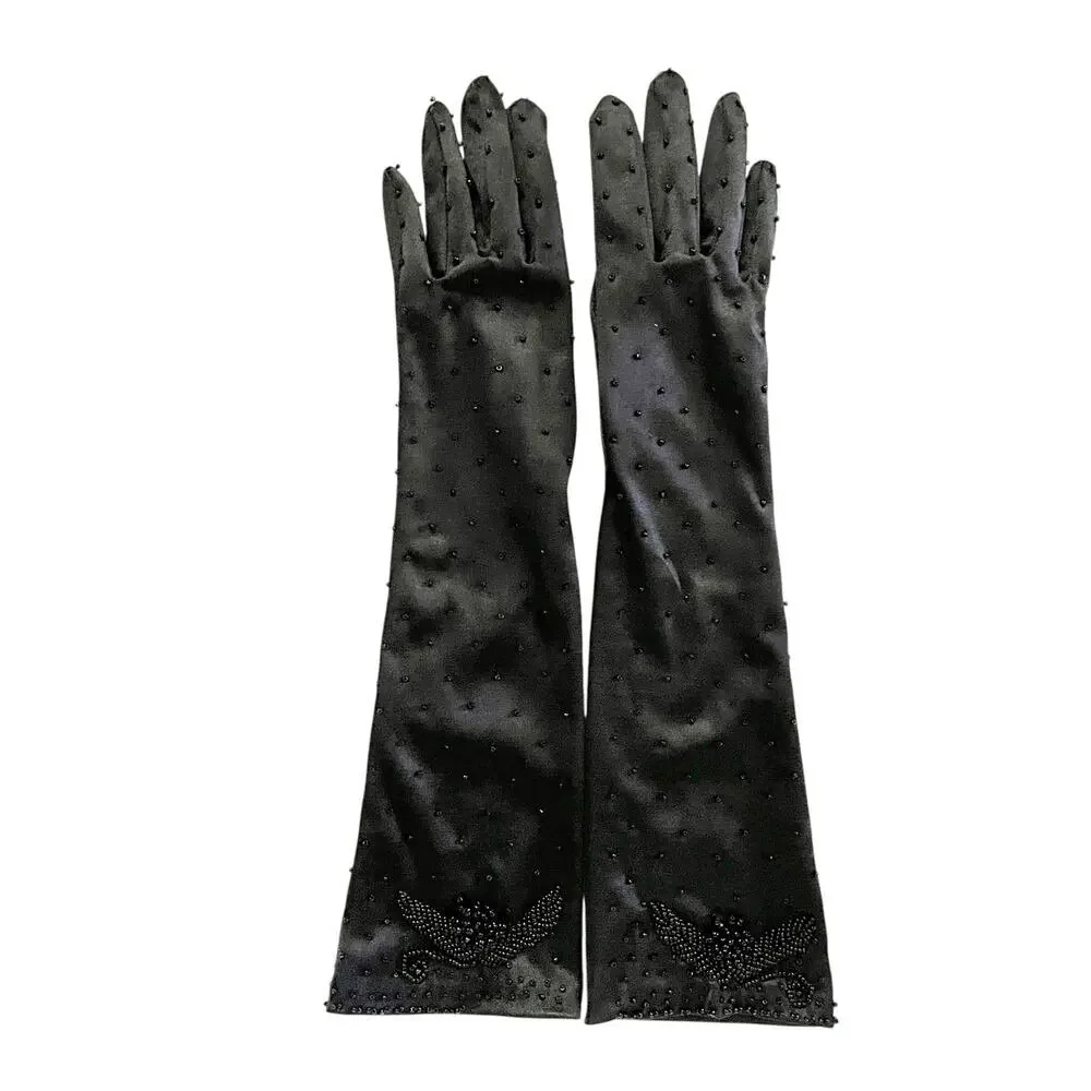 Vintage Beaded Black Satin Upper Forearm Long Formal Evening Gloves Size S/M